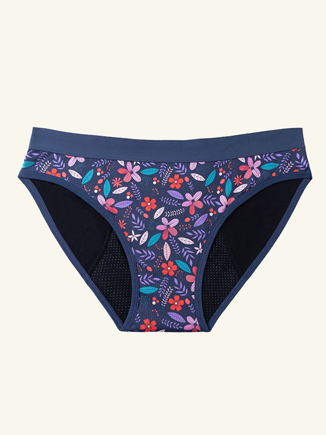 Menstruatie ondergoed tieners, losse flow met bloemenprint in vooraanzicht tegen een lichte achtergrond