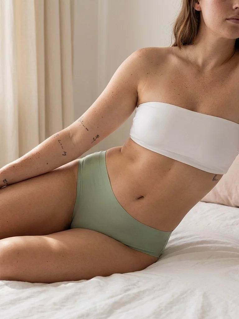 Menstruatie ondergoed groen, gedragen high waist brief in een ruimer lifestylebeeld op bed