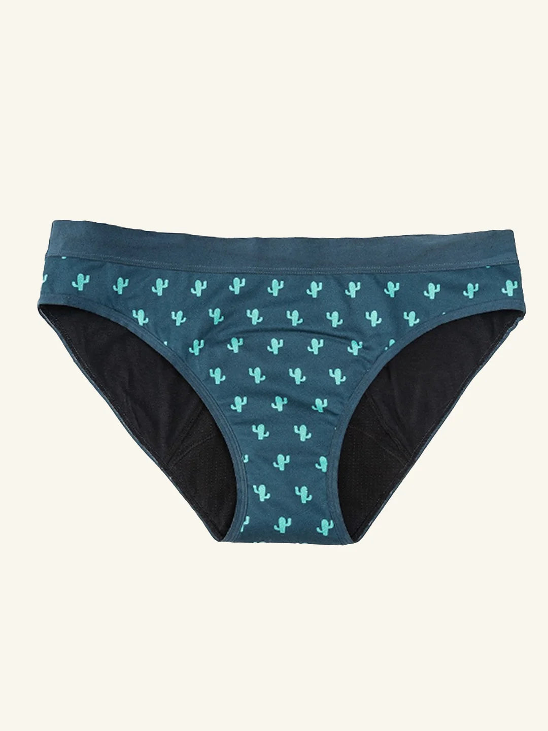 Menstruatie ondergoed tieners, losse flow met cactusprint in vooraanzicht tegen een lichte achtergrond