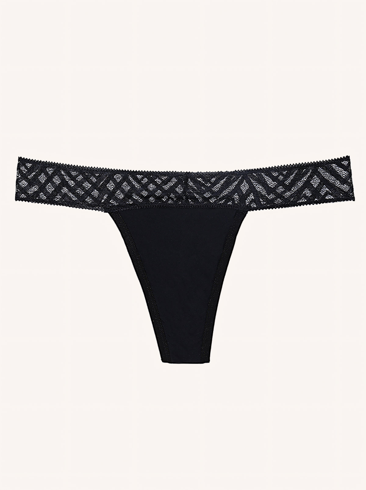 Menstruatie ondergoed zwart, losse invisible string in vooraanzicht tegen een lichte achtergrond